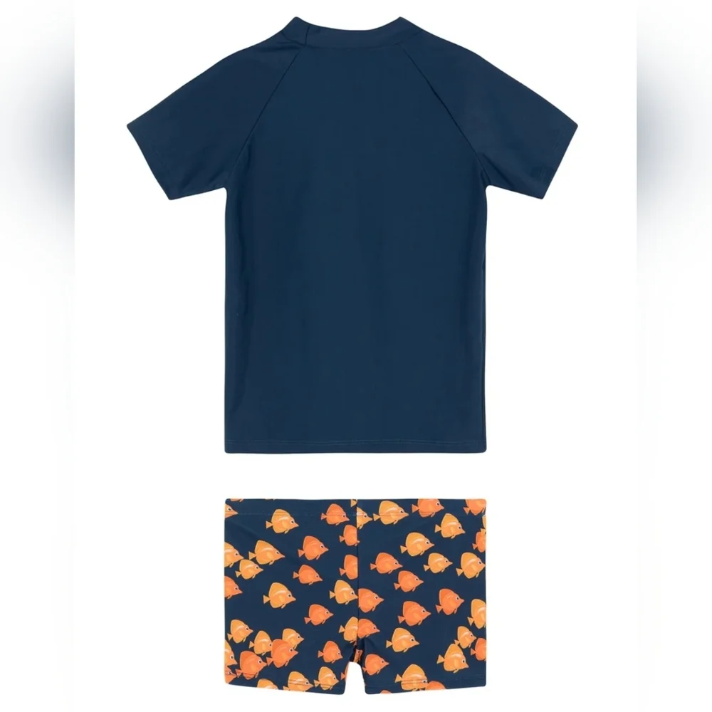 Gottex Kids Swin Set Navy Orange Fish Short Sleeve Shorts Boys Size 5 NEW